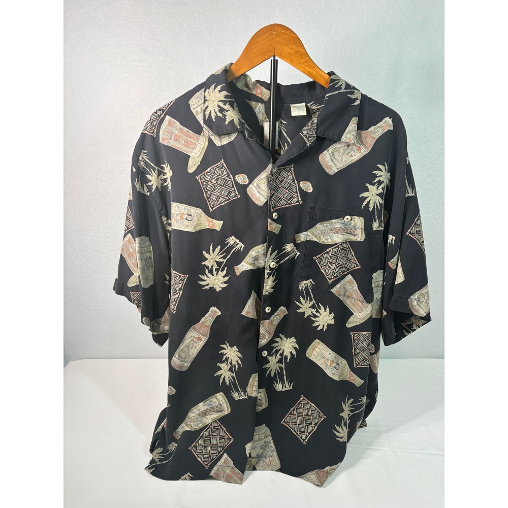 Vintage Burma Bibas Mens Silk Hawaiian Shirt Black Tropical Beer Bottle Tiki  L